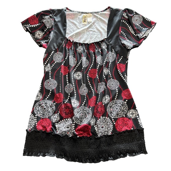 y2k Tops - Vintage Y2K Babydoll Top Size M Swirl‎ Red Black Abstract Artsy Empire Waist